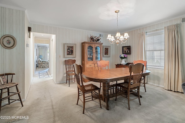4 Olympus Way, Brick, NJ 08724 - dining area featuring crown molding, a chandelier, light carpet, baseboards, and wallpapered walls