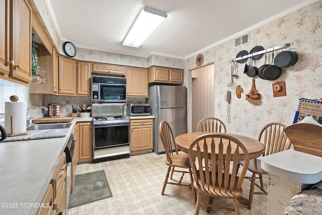 4 Olympus Way, Brick, NJ 08724 - kitchen with stainless steel appliances, a sink, wallpapered walls, light countertops, and crown molding