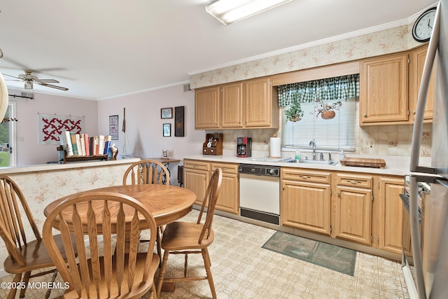 4 Olympus Way, Brick, NJ 08724 - kitchen with white dishwasher, a sink, ceiling fan, crown molding, and plenty of natural light