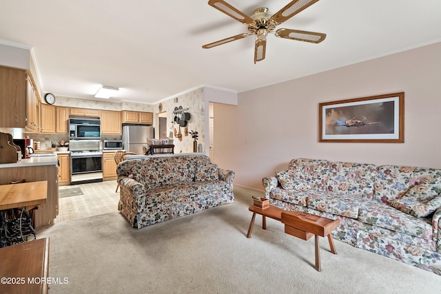 4 Olympus Way, Brick, NJ 08724 - living room with crown molding, a ceiling fan, light carpet, and baseboards