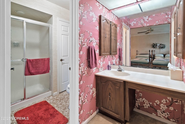 4 Olympus Way, Brick, NJ 08724 - full bath featuring vanity, a shower stall, wallpapered walls, toilet, and ceiling fan