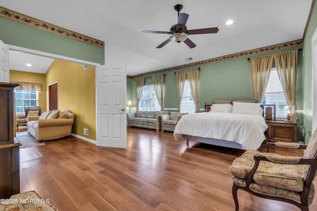 46 Pancoast Rd, Waretown, NJ 08758 - bedroom with wood finished floors, baseboards, recessed lighting, and a ceiling fan
