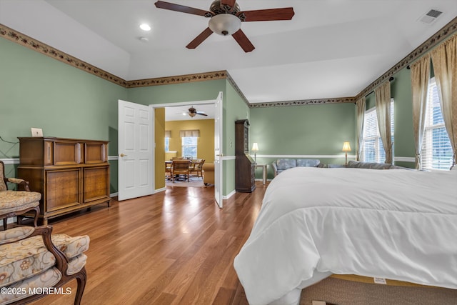 46 Pancoast Rd, Waretown, NJ 08758 - bedroom featuring multiple windows, light wood-style floors, recessed lighting, baseboards, and ceiling fan