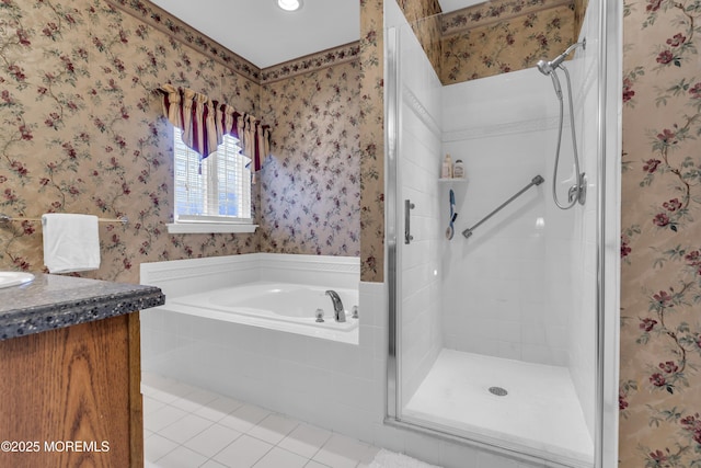 46 Pancoast Rd, Waretown, NJ 08758 - full bathroom featuring a stall shower, tile patterned floors, a bath, vanity, and wallpapered walls