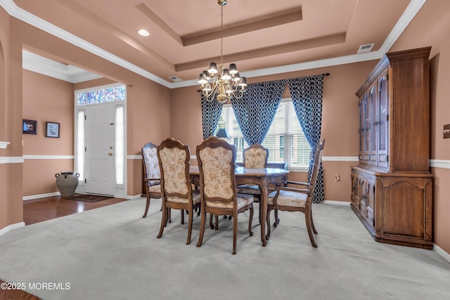 46 Pancoast Rd, Waretown, NJ 08758 - dining space featuring a tray ceiling, a chandelier, light colored carpet, baseboards, and recessed lighting