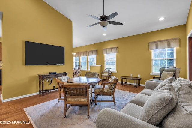 46 Pancoast Rd, Waretown, NJ 08758 - dining room with ceiling fan, lofted ceiling, baseboards, wood finished floors, and recessed lighting