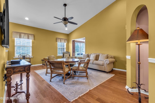 46 Pancoast Rd, Waretown, NJ 08758 - dining room featuring a ceiling fan, wood finished floors, baseboards, recessed lighting, and high vaulted ceiling