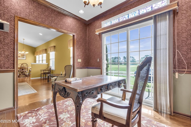 46 Pancoast Rd, Waretown, NJ 08758 - home office featuring a chandelier, wallpapered walls, wood finished floors, crown molding, and baseboards