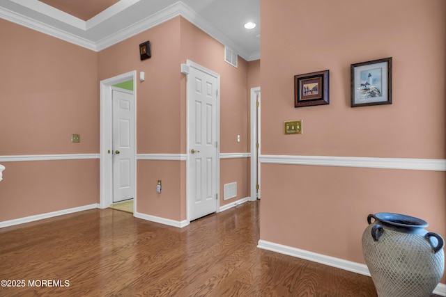 46 Pancoast Rd, Waretown, NJ 08758 - corridor with wood finished floors, baseboards, crown molding, and recessed lighting