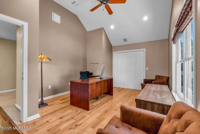85 Main Bayway, Toms River, NJ 08753 - office area featuring high vaulted ceiling, ceiling fan, light wood-style floors, and baseboards
