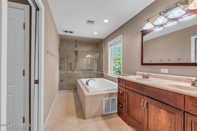 85 Main Bayway, Toms River, NJ 08753 - full bathroom featuring a stall shower, tile patterned floors, a bath, double vanity, and recessed lighting