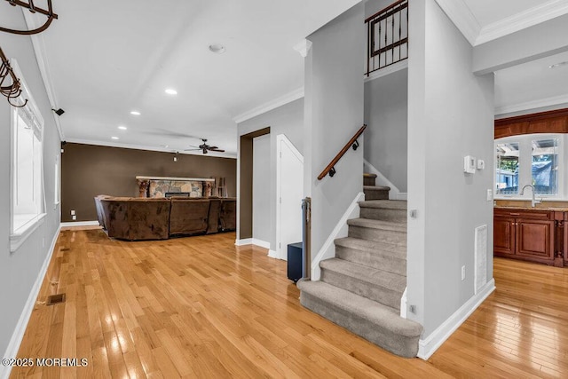 85 Main Bayway, Toms River, NJ 08753 - foyer entrance featuring light wood-style flooring, ceiling fan, ornamental molding, recessed lighting, and stairway