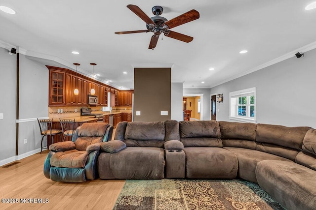 85 Main Bayway, Toms River, NJ 08753 - living room with light wood-style flooring, ornamental molding, recessed lighting, ceiling fan, and baseboards