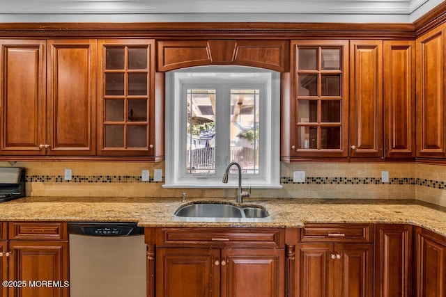 85 Main Bayway, Toms River, NJ 08753 - kitchen with dishwasher, a sink, decorative backsplash, and glass insert cabinets