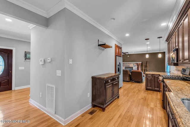 85 Main Bayway, Toms River, NJ 08753 - kitchen featuring stainless steel appliances, light wood finished floors, a stone fireplace, recessed lighting, and dark brown cabinetry
