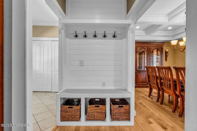 85 Main Bayway, Toms River, NJ 08753 - mudroom with crown molding, beamed ceiling, coffered ceiling, recessed lighting, and a chandelier
