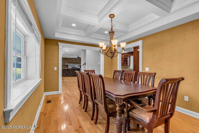 85 Main Bayway, Toms River, NJ 08753 - dining space with a chandelier, light wood-style floors, beam ceiling, crown molding, and coffered ceiling