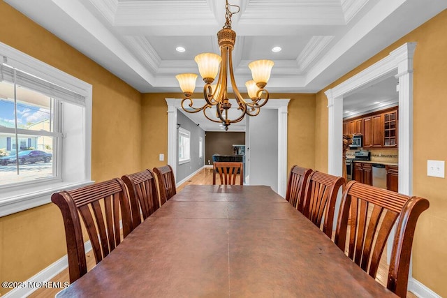 85 Main Bayway, Toms River, NJ 08753 - dining space with a chandelier, plenty of natural light, crown molding, coffered ceiling, and baseboards