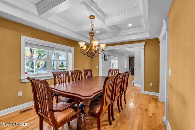 85 Main Bayway, Toms River, NJ 08753 - dining room featuring baseboards, beamed ceiling, coffered ceiling, light wood-style floors, and a chandelier