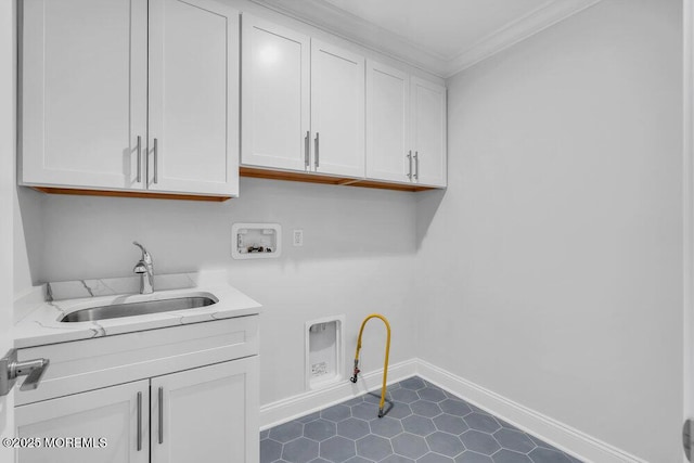 909 Leighton Ave, Point Pleasant, NJ 08742 - laundry area with washer hookup, cabinet space, crown molding, baseboards, and dark tile patterned floors