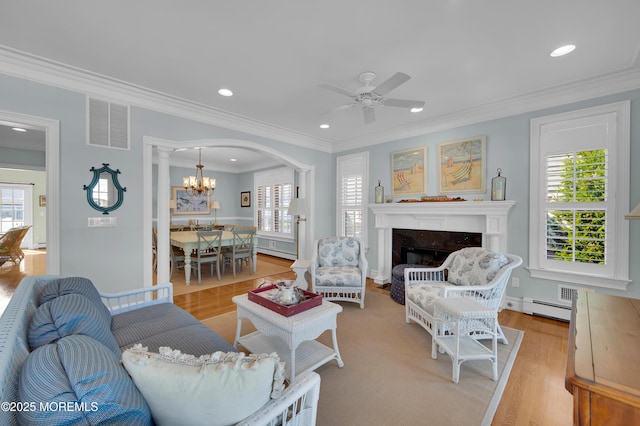 842 E Ave, Bay Head, NJ 08742 - living area with a baseboard radiator, plenty of natural light, ceiling fan, ornamental molding, and recessed lighting