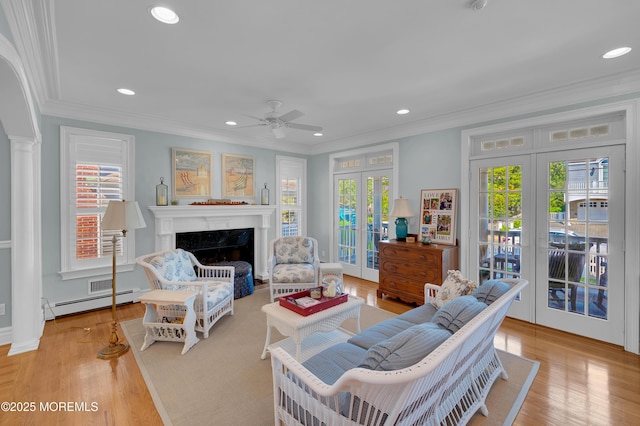 842 E Ave, Bay Head, NJ 08742 - living room featuring french doors, recessed lighting, a ceiling fan, wood finished floors, and ornamental molding
