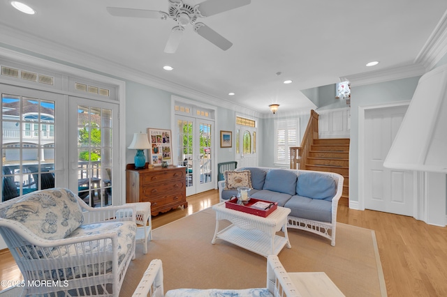 842 E Ave, Bay Head, NJ 08742 - living room featuring french doors, crown molding, stairway, light wood-type flooring, and recessed lighting