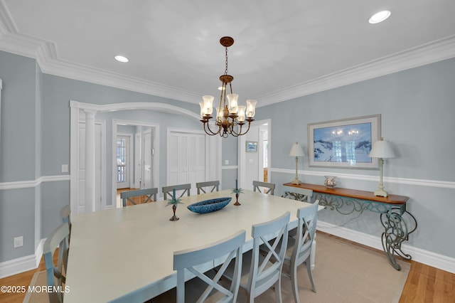 842 E Ave, Bay Head, NJ 08742 - dining room with wood finished floors, a chandelier, ornamental molding, baseboards, and recessed lighting