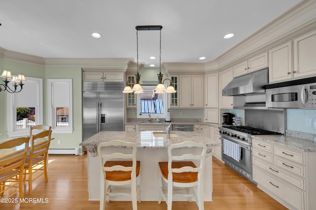 842 E Ave, Bay Head, NJ 08742 - kitchen featuring under cabinet range hood, high end appliances, a chandelier, a baseboard radiator, and a sink