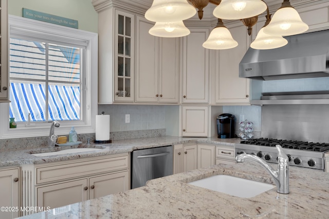 842 E Ave, Bay Head, NJ 08742 - kitchen featuring dishwasher, a sink, wall chimney exhaust hood, and glass insert cabinets