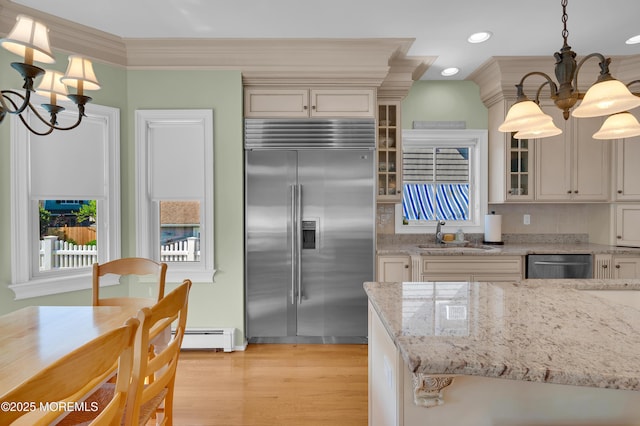 842 E Ave, Bay Head, NJ 08742 - kitchen featuring appliances with stainless steel finishes, a sink, a chandelier, glass insert cabinets, and baseboard heating