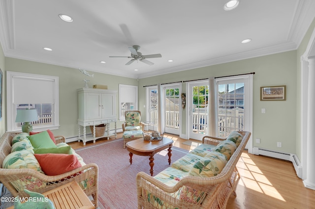 842 E Ave, Bay Head, NJ 08742 - living room featuring decorative columns, a ceiling fan, recessed lighting, ornamental molding, and light wood-style floors