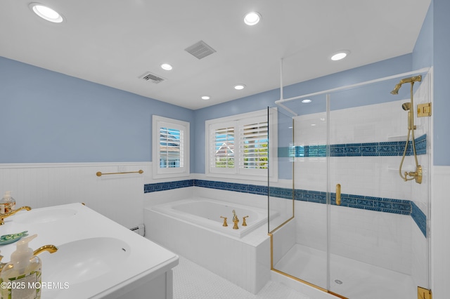 842 E Ave, Bay Head, NJ 08742 - bathroom with a garden tub, a stall shower, a wainscoted wall, recessed lighting, and double vanity