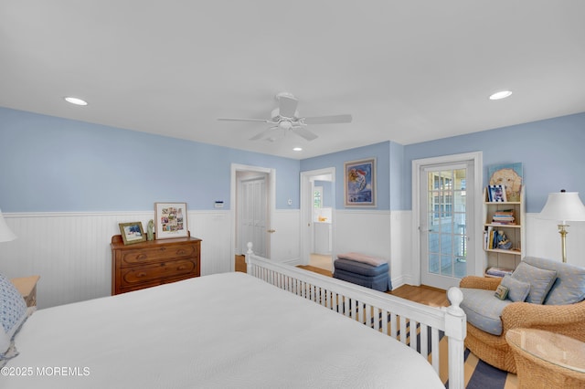 842 E Ave, Bay Head, NJ 08742 - bedroom featuring wainscoting, access to exterior, ceiling fan, wood finished floors, and recessed lighting