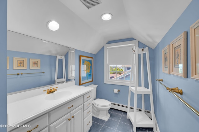 842 E Ave, Bay Head, NJ 08742 - full bath featuring vanity, toilet, vaulted ceiling, tile patterned floors, and a baseboard radiator