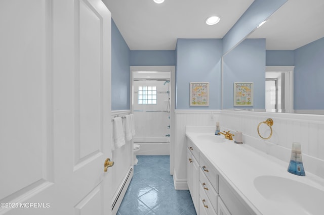 842 E Ave, Bay Head, NJ 08742 - full bathroom with a baseboard radiator, double vanity, a wainscoted wall, shower / tub combination, and toilet