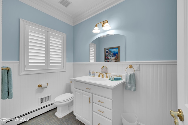 842 E Ave, Bay Head, NJ 08742 - half bath with a baseboard heating unit, toilet, a wainscoted wall, vanity, and ornamental molding