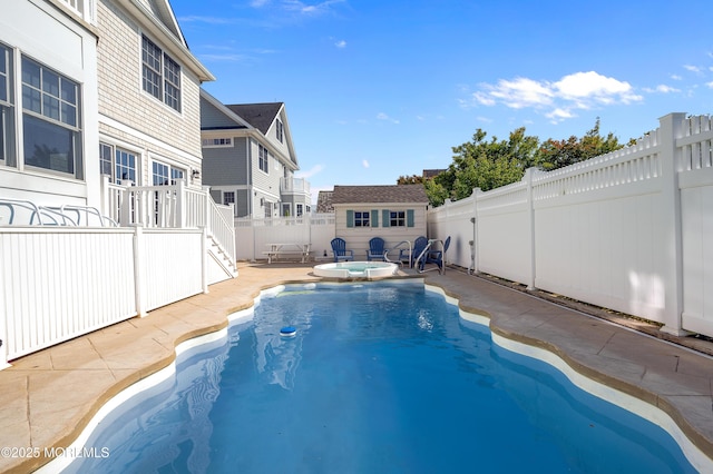 842 E Ave, Bay Head, NJ 08742 - view of swimming pool with a fenced backyard, a patio, an outdoor structure, stairway, and a pool with connected hot tub