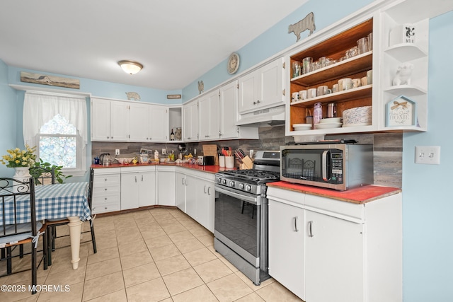 175 W Shore Ave, Bogota, NJ 07603 - kitchen featuring appliances with stainless steel finishes, under cabinet range hood, open shelves, decorative backsplash, and white cabinets