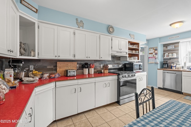 175 W Shore Ave, Bogota, NJ 07603 - kitchen featuring appliances with stainless steel finishes, under cabinet range hood, open shelves, and backsplash