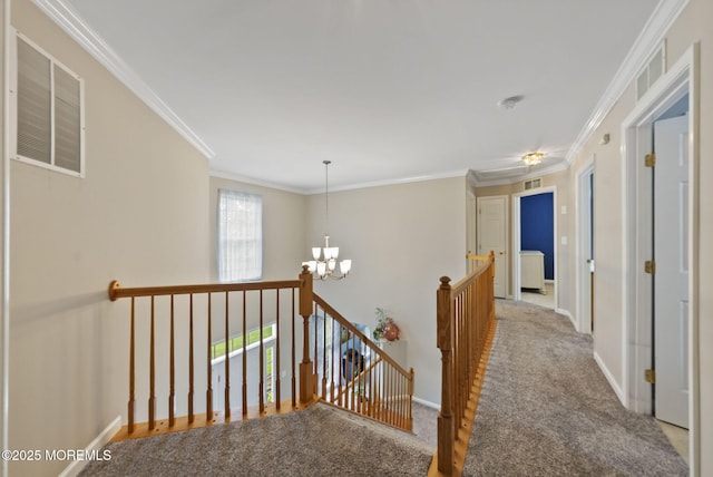 10 Butternut Ln, Bayville, NJ 08721 - corridor with a chandelier, an upstairs landing, crown molding, light colored carpet, and baseboards