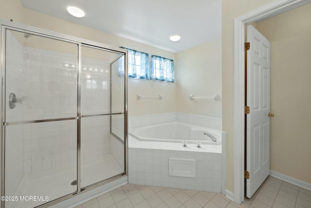10 Butternut Ln, Bayville, NJ 08721 - bathroom with tile patterned floors, a bath, and a stall shower
