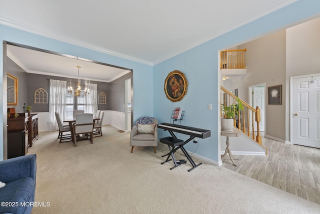 10 Butternut Ln, Bayville, NJ 08721 - living area with a chandelier, stairs, crown molding, baseboards, and carpet flooring