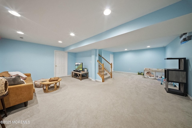 10 Butternut Ln, Bayville, NJ 08721 - living area featuring carpet flooring, stairway, recessed lighting, and baseboards