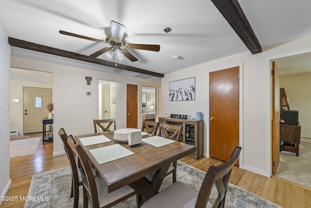69 Helen Ave, Freehold, NJ 07728 - dining room with ceiling fan, light wood-style floors, a baseboard heating unit, baseboards, and beam ceiling