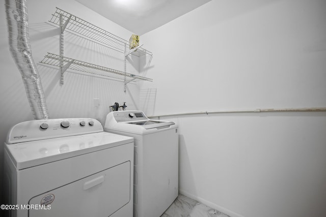 70 Lexington Cir, Matawan, NJ 07747 - laundry area featuring independent washer and dryer, light marble finish floors, and baseboards