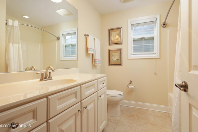 118 Timber Hill Dr, Monroe, NJ 08831 - bathroom with vanity, toilet, shower / bath combination with curtain, tile patterned floors, and baseboards