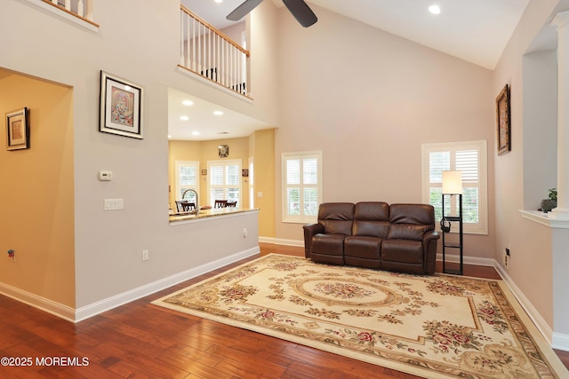 118 Timber Hill Dr, Monroe, NJ 08831 - living area featuring ceiling fan, wood-type flooring, baseboards, high vaulted ceiling, and recessed lighting