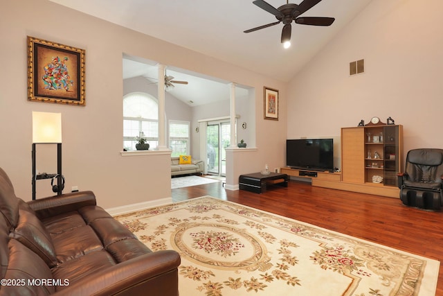 118 Timber Hill Dr, Monroe, NJ 08831 - living area with ceiling fan, wood finished floors, high vaulted ceiling, and baseboards