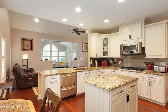 118 Timber Hill Dr, Monroe, NJ 08831 - kitchen featuring a sink, ceiling fan, stainless steel appliances, a peninsula, and open floor plan